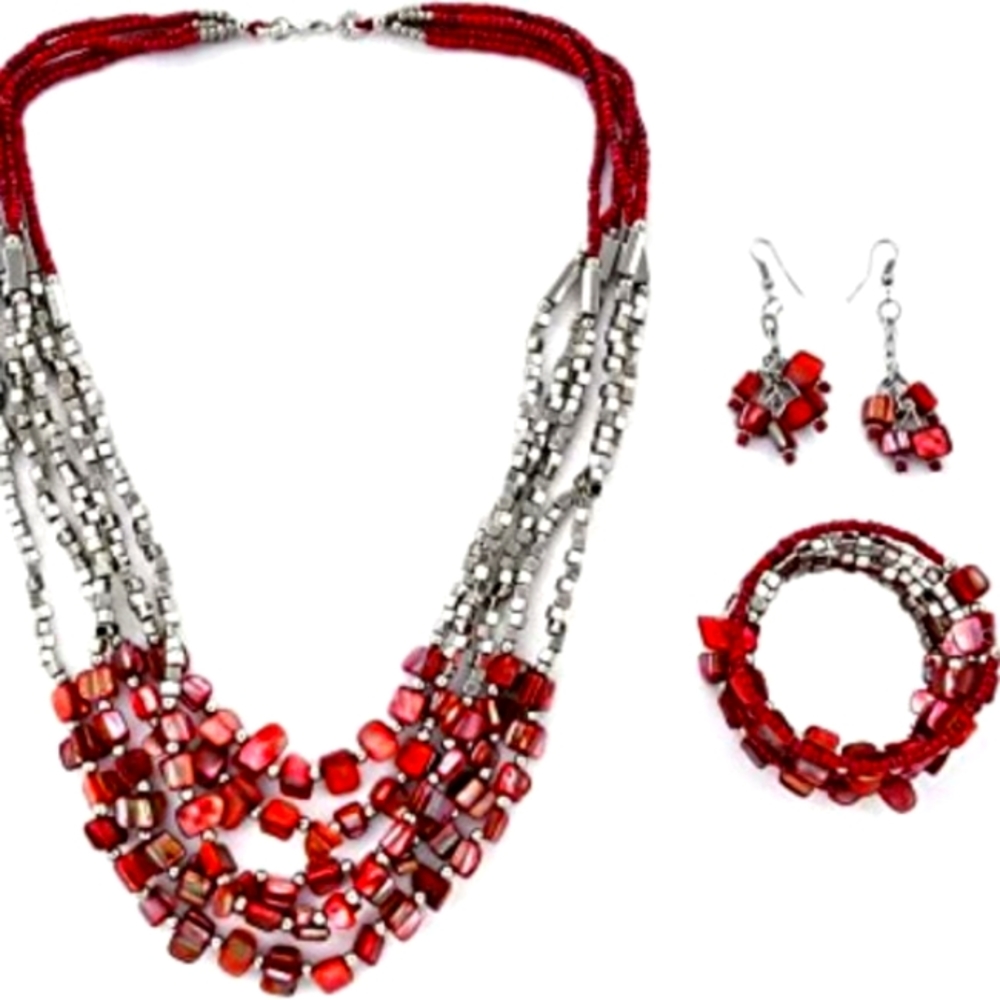 Red Silver Beaded Shell Multi Strand Necklace 3 PC Set